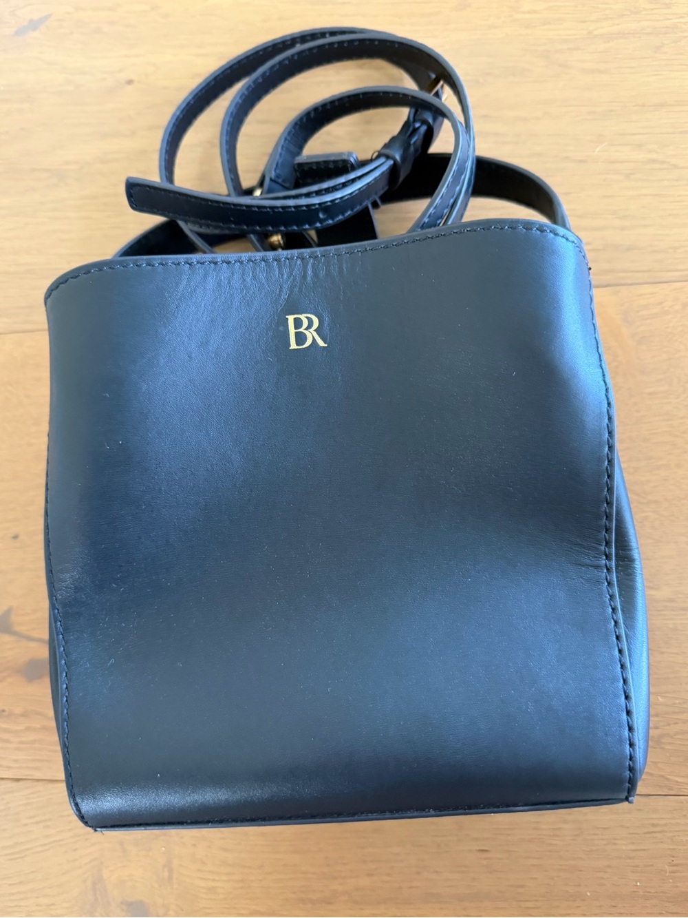 Banana Republic Black Leather Crossbody with Gold BR Monogram